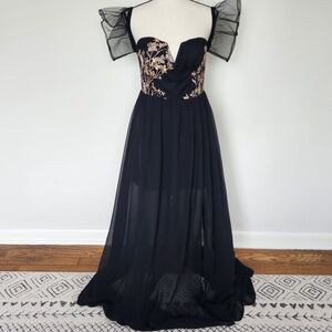 Soieblu Black Gown Dress Gold Floral Sequins Embroidery Whimsigoth Fairy Witchy